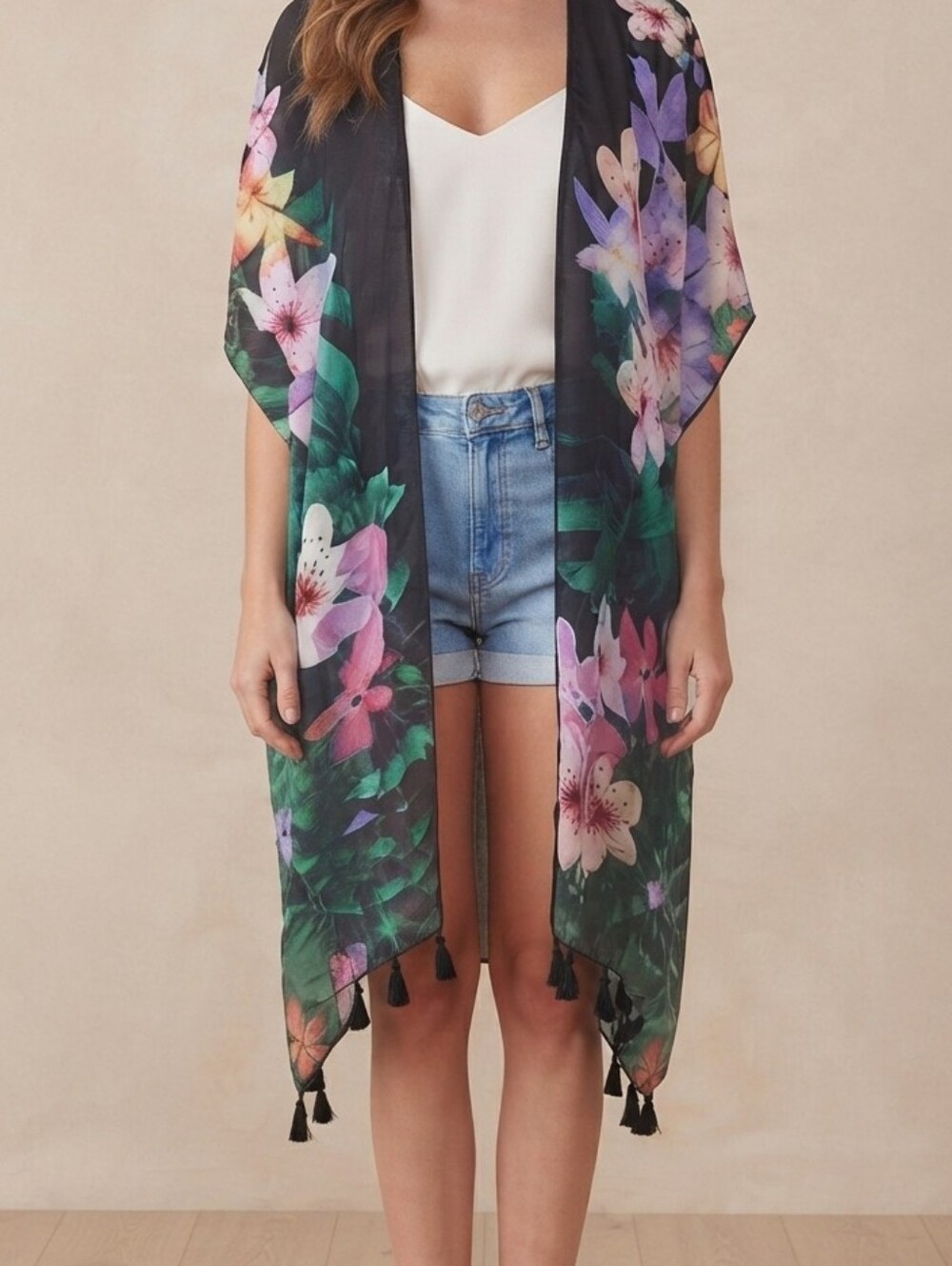 Floral Open-Front Kimono Wrap - Black with Pink & Purple Flowers